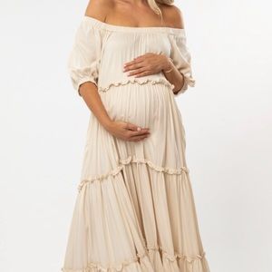 Cream Off Shoulder Ruffle Tiered Maternity Maxi Dress